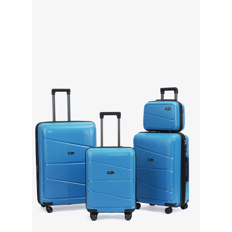 Set of 3 Suitcases and beauty case V&V Travel Peace 8011 - 4 Piece Set - Blue (8011-4-blue)